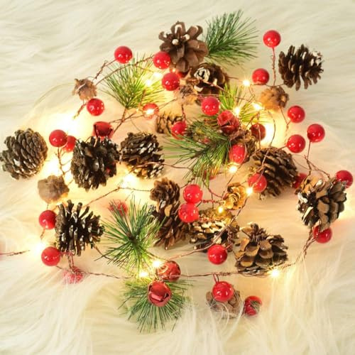 Gresonic 2M 48LED Weihnachtsgirlande mit Lichtern, Weihnachten Tannenzapfen Lichterkette Beeren Girlande mit Lichtern Weihnachtsdekorationen Innen Außen,beleuchtete Lichter für Kaminsims, Treppen