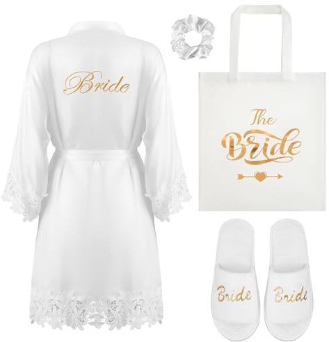 BBTO 4 Pièces Set Cadeau de Mariée Cadeaux de Fête Nuptiale Peignoir de Mariée en Satin Blanc avec Dentelle Dorée Sac Pantoufles Élastique à Cheveux Blanc pour Mariage Fiançailles Spa EVJF(L)