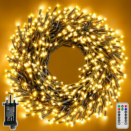 Hopexy Cluster Christmas Lights Outdoor, 15m 1000LEDs Xmas Tree Fairy Lights Mains Powered with 8 Modes/Timer, Waterproof Warm White String Lights Plug in for Garland Outside Indoor Decorations