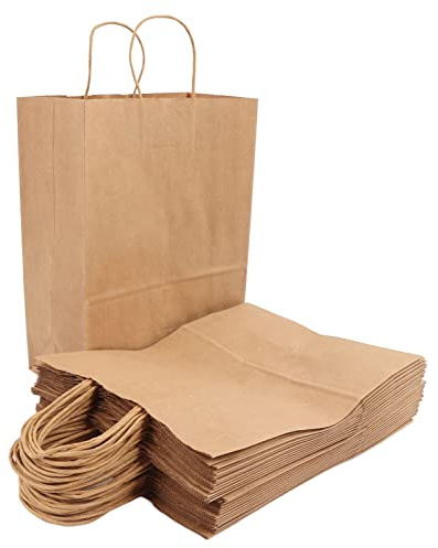 Dam Skerisi 50PCS Kraft Paper Shopping Bags with Handles, Reusable and Portable for Multiple Usages, DIY Decoration, Large Capacity, Strength and Durably (270x210x110mm)