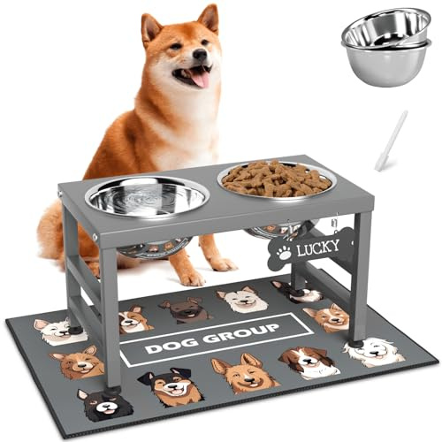 ADENGL Gamelles surélevées pour chien, hauteur 25,4 cm, support de bol surélevé avec 2 gamelles en acier inoxydable (1,644 g) et tapis anti-déversement pour races de moyennes, grandes et petites races