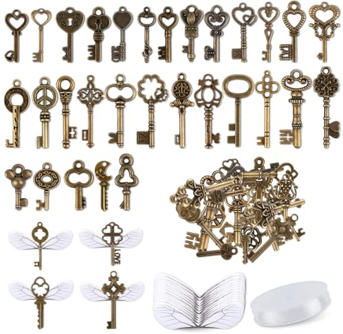 50 Stück Geburtstags Deko Vintage Schlüssel, Alte Schlüssel Skelettschlüssel Fliegende Schlüssel with 50 x Libellen Flügel 1 Perlendraht für DIY Hochzeitsparty Weihnachtsdekoration