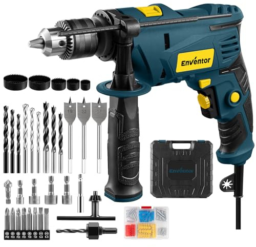 Enventor Hammer Drill, 900W 0-3000RPM Electric Corded Hammer Drill, Variable Speed, 13mm Chuck, 360° Auxiliary Handle, with 36pcs Accessories for Concrete, Iron Plate, Masonry and Wood, Blue