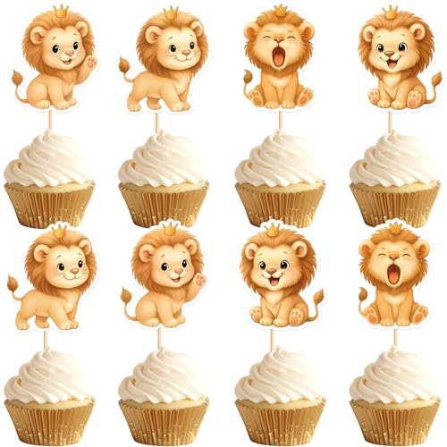 Blumomon 24 Pcs Lion Happy Birthday Cupcake Toppers Forest Animal Cupcake Decoration Picks - Jungle Safari Cake Decorations for Lion Theme Baby Shower Kids Boys Girls Birthday Party Supplies
