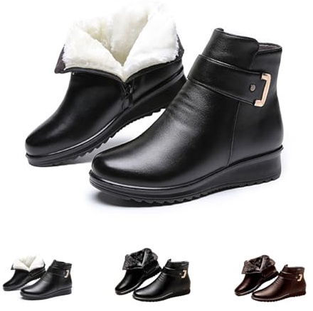 Ortopediska stövlar i ull med metallspänne och äkta läder for kvinnor, snöstövlar med slip-on och pälsfoder, snöstövlar med dragkedja i sidan och ankeln(Black Wool,42 EU)
