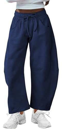 SeekMe Women's Barrel Leg Sweatpant Drawstring Elastic Waisted Wide Leg Pants Casual Cotton Palazzo Trousers with Pockets (0009-Navy-S)