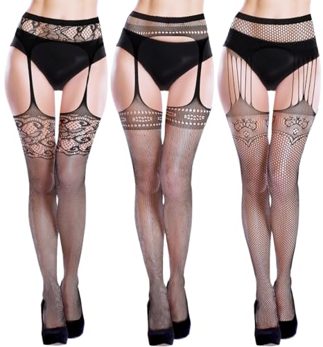 Partideal 3 Pcs Women High Waist Fishnet Tights, Black Lace Tights | high High Stockings Pantyhose for Party Cosplay Daily Wear