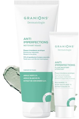 Duo Anti Imperfection - GRANIONS - CREME MATIFIANTE ANTI IMPERFECTION + NETTOYANT VISAGE - Elimine Les Impuretés & Excès de sébum - Hydrate & Purifie - Zinc - Niacinamide - Vitamine C -