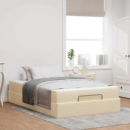 YuuSsea Sängram med madrass krämfärgad 120 x 200 cm tyg, modern klädselsäng med förvaringsutrymme, träram, komfortskummadrass för sovrum, dubbelsäng