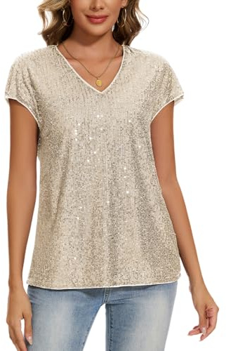 MINTLIMIT Damen Pailletten Glitzer Tops Oberteil Kurzarm V-Ausschnitt T-Shirt Bluse Cap Ärmel Freizeit Party Festival Club