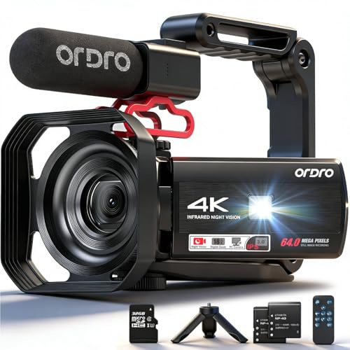 ORDRO Videocámara Z36 4K, cámara de vlogging de 64 MP con zoom digital de 18X, luz de relleno LED, pantalla de 3.0 pulgadas, visión nocturna IR