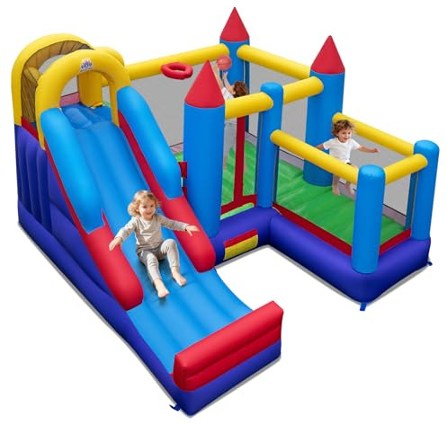 COSTWAY Kids Bouncy Castle, Inflatable Bounce House with Slide, Climbing Wall, Jumping Mat, Basketball Hoop and Carrying Bag, Children Blow Up Jumper for Indoor Outdoor (without Blower)