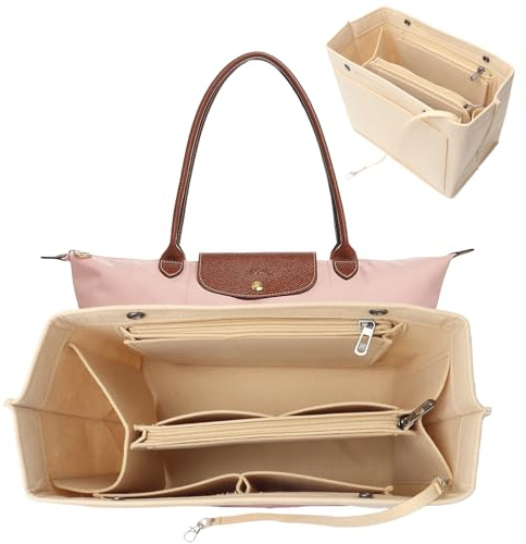 FANGCCC Väskorganisatör för Longchamp M, organisatör för Longchamp väska, handväskorganiserare, filtväskorganisatör med flera fack, vikbar bärväska (beige, M)