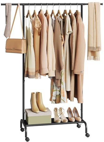 WOLTU Kleiderständer mit Rollen und ausziehbarer Stange | Kleiderstange aus Metall & Oxford-Stoff, für Kleidung/Taschen/Schuhe, (84-124) x 156 x 40 cm, Schwarz