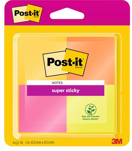 Post-it Super Sticky Notes, 180 Sheets, Pack of 4 Pads, 47.6 mm x 47.6 mm - Holds Strong to Many Surfaces - Green, Orange, Pink, Yellow - For Walls, Monitors and Fridge, Recycable