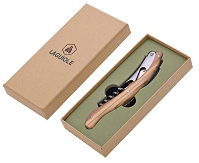 LAGUIOLE - Einfacher Hebel-Sommelier - Griff aus Olivenholz - Edelstahl matt gebürstet - Messer mit Korkenzieher-, Kapselschneider- und Flaschenöffnerfunktion - Bedienungskomfort - Geschenkbox