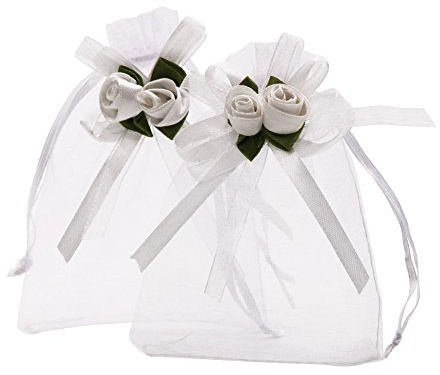 SumDirect Organza-Geschenktüten mit Rosenmotiv, 10,2 x 12,7 cm, Weiß, 50 Stück, für Hochzeit, Weihnachten, Valentinstag