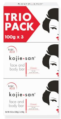 Kojie San Skin Lightening Kojic Acid Soap 3 Bars - 100g Fades Age Spots, Freckles, and Other Signs of Sun Damage and Heals Acne Blemishes and Erases Red Marks and Scars