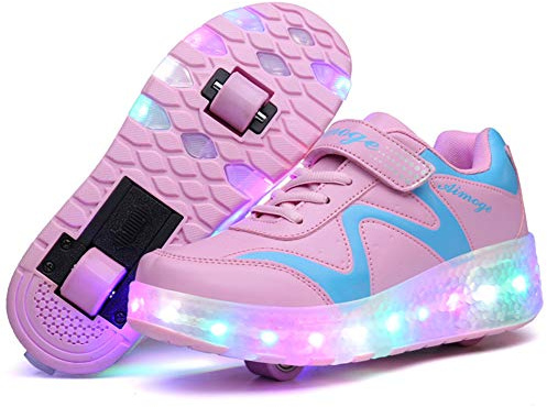 Lovelysi Unisex Jungen Mädchen LED Licht Skateboardschuhe mit Rollen Drucktaste Einstellbare,USB Wiederaufladbar,Inline Skates,Outdoor Sport Gymnastik Running Sneaker