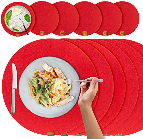 MIQIO® Lot de 6 Sets de Table Ronds en Feutre lavables - avec Label en Cuir véritable et Dessous de Verre - 6 Sets de Table et 6 Dessous de Verre - Rouge comme décoration de Noël ou Gris