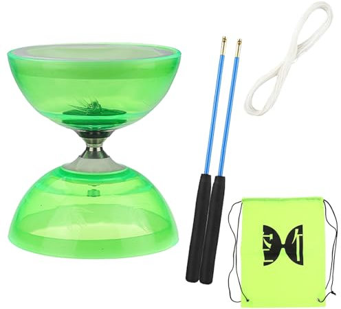 Diabolo Freiläufer mit kugellager Dreifache Lagerung Jonglier-Set, 4 Farben Dreifach Gelagertes Diabolo mit Ersatzschnur 10m, Profi-Stange, Netzbeutel, Grün