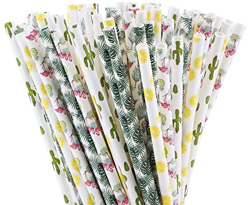 Lot de 200 pailles hawaïennes en papier biodégradables et recyclables - Pour fête d'été - Motif flamant rose et cactus - Pour anniversaire, mariage, fête Aloha