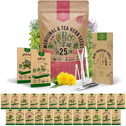 Organo Republic 25 Medicinal & Tea Herb Seeds Variety Pack for Indoor & Outdoors. 10900+ Non-GMO Heirloom Garden Seeds: Anise, Borage, Cilantro, Chamomile, Dandelion, Rosemary, Peppermint Seeds