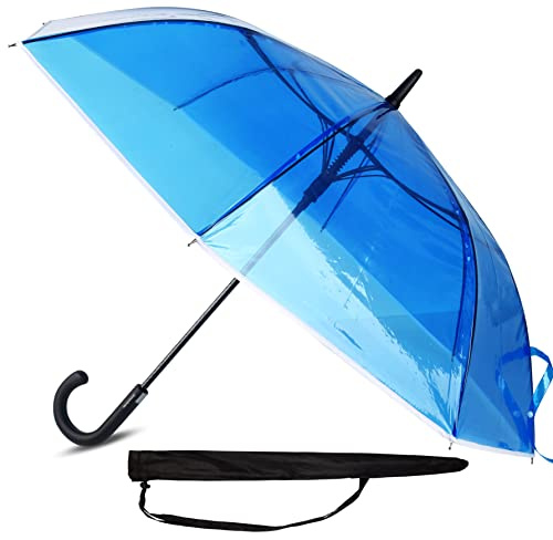 Sternenfunke Regenschirm transparent blau Ø110 cm | durchsichtig groß transparent-blau incl. Tragetasche | Schirm blau durchsichtiger perfekt für eine Person, leicht| Rand weiß