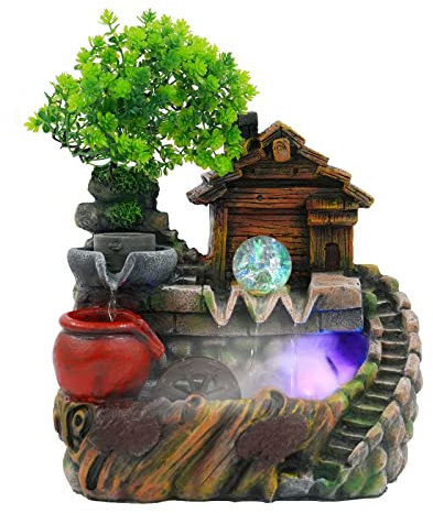 KinHall Zimmerbrunnen mit Nebel LED Beleuchtung, Tischbrunnen Zimmerbrunnen GartenAquariumHarz Desktop-Brunnen mit Pflanzen Zimmerspringbrunnen Wasserfall (81251)