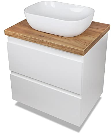 VBChome Badmöbel 60 cm Weiß Aufsatzwaschbecken ohne Hahnloch 60x42 cm Aufsatzwaschtisch mit Waschbeckenunterschrank 2 Schubladen Moduo Badezimmerschrank Modern