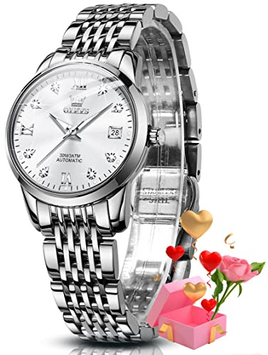 OLEVS Automatic Women Watch Diamond Mechanical Self Winding Fashion Elegant Dress Wrist Watch Silver Luminous Waterproof Stainless Steel Date