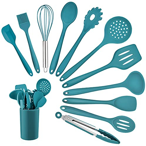 Homikit Silikon Küchenhelfer Set, 12 Stück Blau Kochutensilien | Hitzebeständiger Kochgeschirr, Küchenutensilien Kochbesteck mit Utensilienhalter, Gesund & Antihaft, Spülmaschinengeeignet