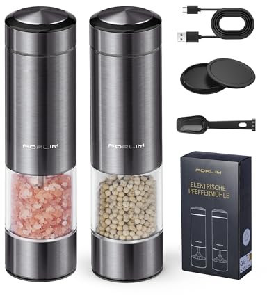 FORLIM Juego de molinillo de sal y pimienta eléctrico, recargable con Led, molinillo de especias con molinillo de cerámica ajustable, medallones metálicos [set de 2].