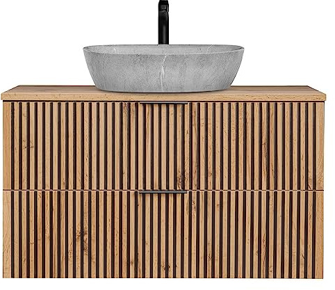 Lomadox Waschtisch Schwarze Rillen Badezimmer Unterschrank 100 cm Waschbecken Keramik Beton Optik anthrazit Eiche Nb. B/H/T 100,6/72,7/46,5 cm
