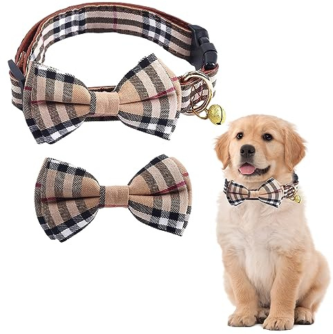 Kryzalite® Collier réglable pour chien avec nœud papillon, style à carreaux, collier élégant et doux, boucle de sécurité, ne se détache pas facilement, pour animaux de compagnie (kaki) – S
