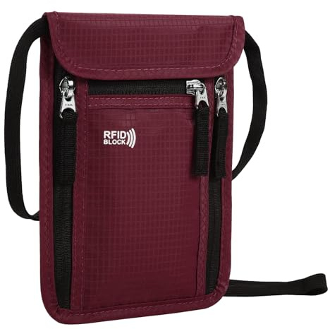KEAFOLS Brustbeutel Brusttasche Reisegeldbeutel mit RFID-Schutz wasserdicht Umhängebeutel Tasche Sicherheit für Smartphone Reise Dokumente Weinrot