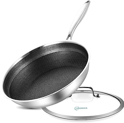 LOLYKITCH 10 In Hybrid Nonstick Stainless Steel Sauté Pan with Lid,Deep Frying Pan,Skillet,Induction Pan,Heavy Duty and Oven Safe,Detachable Handle.