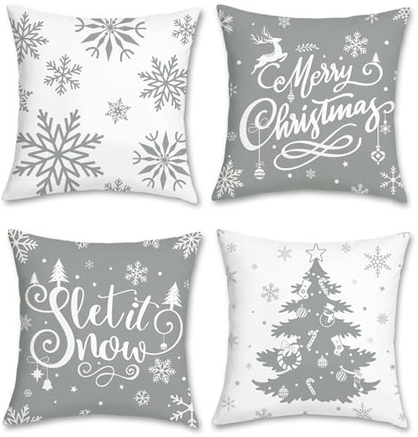 Bonhause 4er Set Kissenbezüge Weihnachten Graue und Weiße 45 x 45 cm Grau Winter Schneeflocke Xmas Samt Soft Dekorative Kissenhülle Zierkissenbezüge für Sofa Feiertag Xmas Dekoration