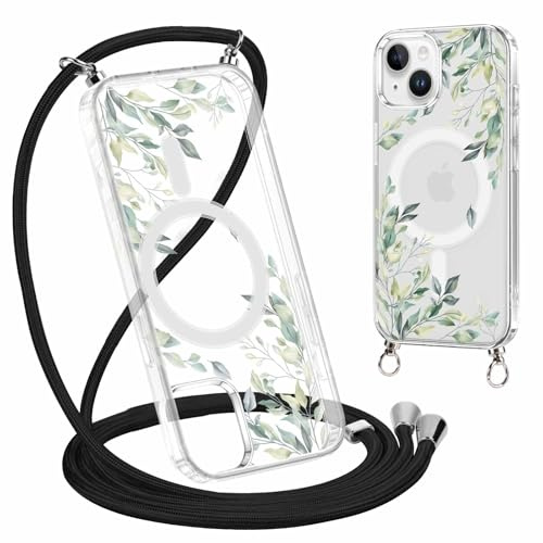 Yoedge Handyhülle Handyband für iPhone 15 6,1 Hülle mit Band,Transparent Magnetisch Case Kompatibel mit Magsafe, Silikon Stoßfest Schutzhülle Kordel zum Umhängen Cover mit Aesthetic Muster 2-Blumen