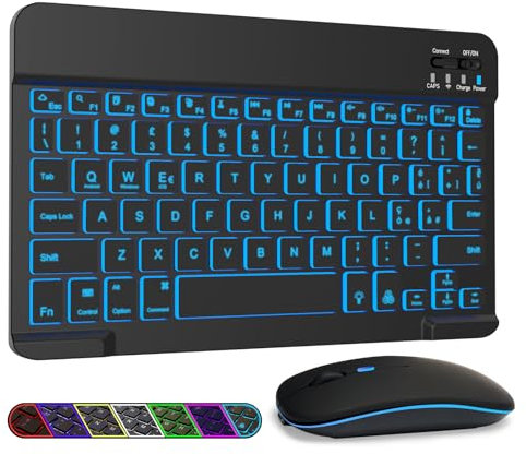 LAMA Retroilluminata Tastiera e Mouse Wireless, Tastiera Tablet Universale Ultra Sottile Ricaricabile, Tastiera Bluetooth Portatile per iPad/Tablet/iOS/Android/Windows/Laptop/Computer, Nero