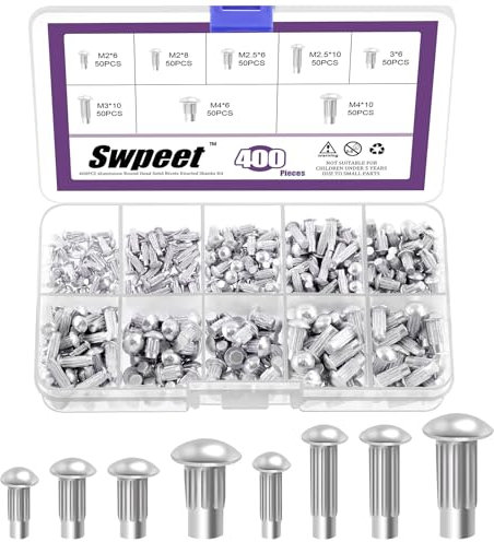 Swpeet Set di 400 rivetti in alluminio, testa semicircolare solida, M2 M2.5 M3 M4 × 6 mm 8 mm 10 mm, per riparazione barca, aereo