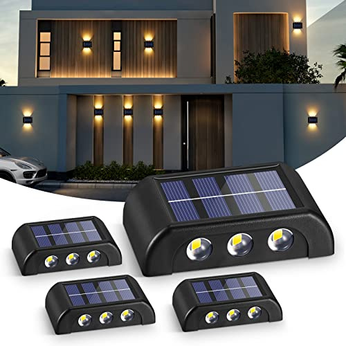 WIGUROE Solar Wall Lights Outdoor 4 Pack, 6 LED Waterproof Fence Lights Decorative with Auto on/Off, Wide Angle Up/Down LED Light Solar Wall Lights for Garden, Yard, Front Door (Warm White)