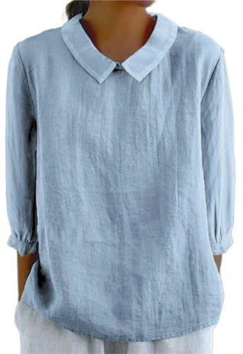 shownicer Camicia in Lino Cotone Donna Girocollo Oversize Manica 3/4 Bluse e Camicie Tunica Tinta Unita Estive Blouse Canotta Elegante Blusa Top Classico Maglietta A Blu S