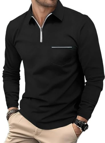 HMIYA Herren Poloshirt Langarm Poloshirt aus Baumwolle Atmungsaktiv Casual T-Shirts mit Tasche