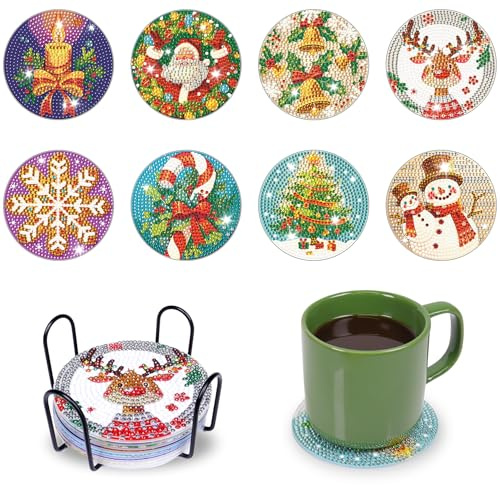 8 Stück Christmas Diamant Kunst Untersetzer Set mit Halter, Diamond Painting Serviertablett, 5D Untersetzer Diamond Painting für Tassen, Weingläser, Vasen und Heimküche, Getränke Untersetzer