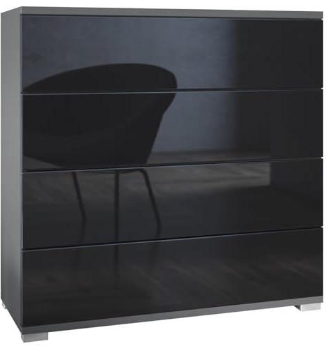 Vladon Kommode Pavos V3, Sideboard mit 4 Schubladen Anthrazit matt/Schwarz Hochglanz (76 x 76 x 35 cm)