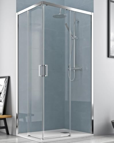 Mampara Ducha Rectangular Angular Corredera 2 Puertas 2 Fijos | Cristal 5mm Antical | Perfil Cromo 110cm (Adaptable 106,5-108,5cm) X 80cm