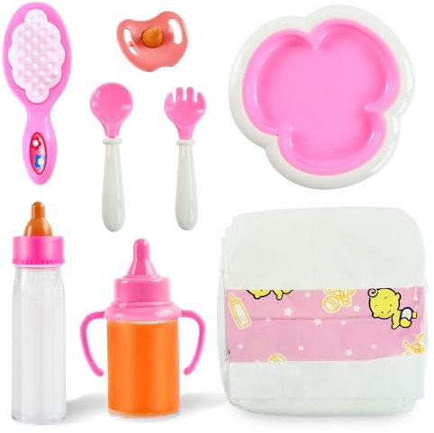 Magische Flasche Baby Puppe Flasche, 8 Stück Puppen Zubehör Set mit Magische Puppenflasche, Schnuller, Teller, Löffel, Gabel, Windeln, Kamm, Baby Puppenflasche, Puppenspielzeug, Puppen Fütterungsset