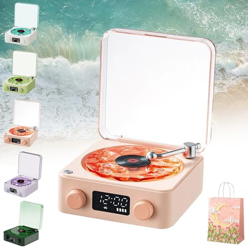 Waves Haut-Parleur Vinyle Vintage Bluetooth avec LumièRe Rvb Et Effet Vagues d'eau, Portable Wireless Enceinte Vinyle, Son StéRéO 3 Modes D'Aide Au Sommeil, avec LumièRe Et Heure RéGlables (Rose)