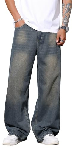 Zewool Mens Baggy Jeans Wide Leg Skater Hip Hop Skateboard Jeans Casual Loose Denim Pants Y2k Streetwear Extra Oversized Straight Leg Relaxed Fit Extreme Motion,B20 Retro Blue,S